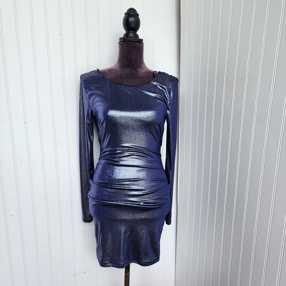 NWT Windsor Navy Blue Metallic Pencil Dress Long Sleeve Stretch Bodycon Bling S - Picture 1 of 16